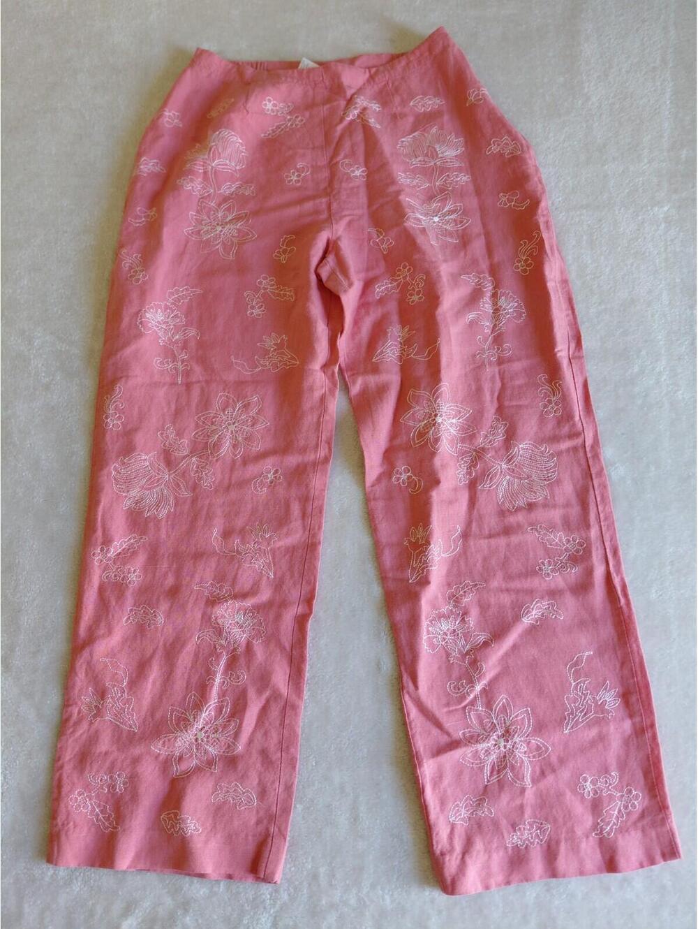 Susan Graver Womans Pants Size M Linen Blend Ankle Floral Embroidered Pink